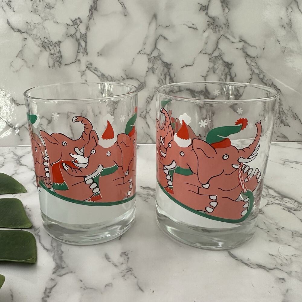 Vintage Neiman Marcus Pink Elephant Glass Set of 2 Clear Christmas Snow
